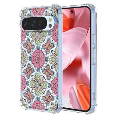 Imagem de WEIOUHR Capa para Pixel 9 Google 9Pro transparente macio TPU estilo boêmio, capa protetora leve resistente a choques e arranhões, para Google Pixel 9 (rosa verde)