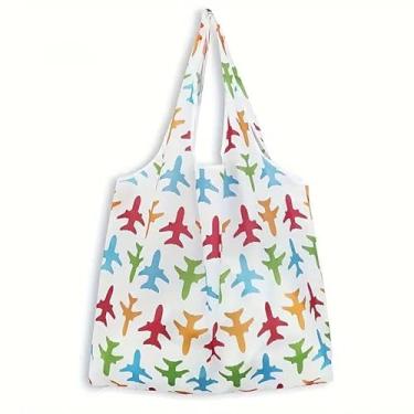 Imagem de 1 bolsa grande, bolsa de compras leve dobrável, bolsa de compras moderna para mulheres, estampa de avião branca