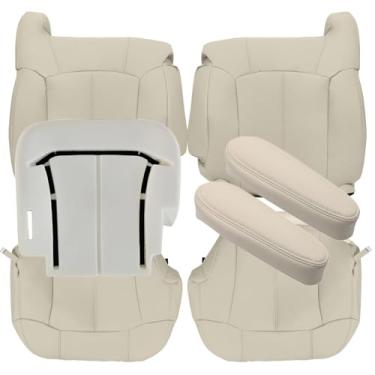 Imagem de Priprilod Capa de assento inferior de motorista e passageiro de couro 522 ou 922 caramelo claro e encosto inclinado e almofada de espuma do motorista e capas de apoio de braço apto para Chevy Tahoe