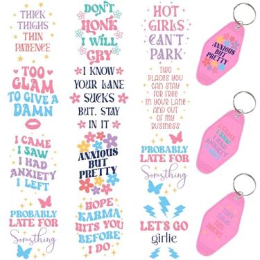 Imagem de 60 peças de papéis de transferência de chaveiro UV DTF - Decalques de vinil para chaves e etiquetas de bagagem, desenhos engraçados com revestimento resistente a arranhões, papéis de transferência