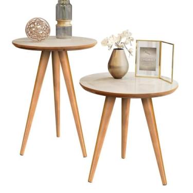 Imagem de Mesinha de canto para sala Conjunto de Mesas para Sala Classic Sofá Redonda com Pés Palito Decoração47×45×45cm(OFF WHITE/FREIJO,DUPLO CLASSIC)