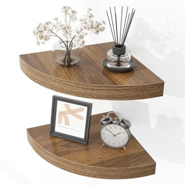 Imagem de Fun Memories Conjunto de 2 prateleiras de canto flutuantes - Prateleiras de armazenamento e exibição montadas na parede de madeira rústica para sala de estar, quarto, cozinha, banheiro - decoração de