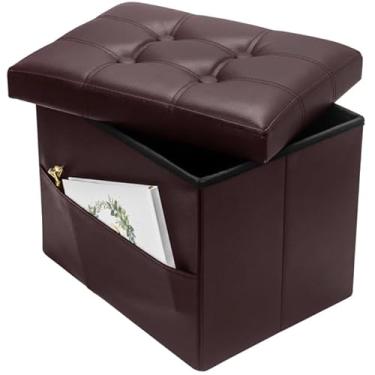 Imagem de Bsketa Banco de descanso para os pés otomano de armazenamento, pequeno banco de couro para otomanos, banquinho dobrável com bolsos laterais, descanso para os pés sob a mesa para sala de estar, quarto