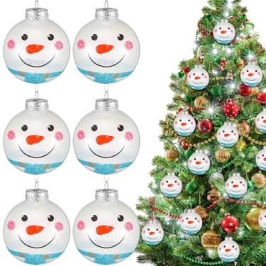 Imagem de Wettarn 24 peças de enfeites de plástico transparente de Natal de 8,5 cm, bolas brancas brilhantes com rostos de boneco de neve, enfeite de plástico preenchível com tampa e corda para decoração de