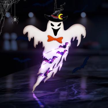 Imagem de ILLUMINEW Decorações solares de metal para pendurar, abóbora de metal iluminada ao ar livre movida a energia solar com olhos brilhantes para decoração de árvore de Halloween, parede, varanda, pátio