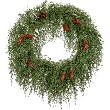 Imagem de Guirlanda de pinheiro Norfolk de 58 cm, guirlanda de Natal para porta da frente, guirlandas de Natal com frutas vermelhas e pinhas, folhas de cedro, guirlandas artísticas para decoração de Natal