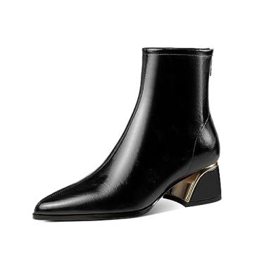 Imagem de TinaCus Bota feminina de couro legítimo de bico fino feito à mão com salto bloco e zíper nas costas, Preto, 34