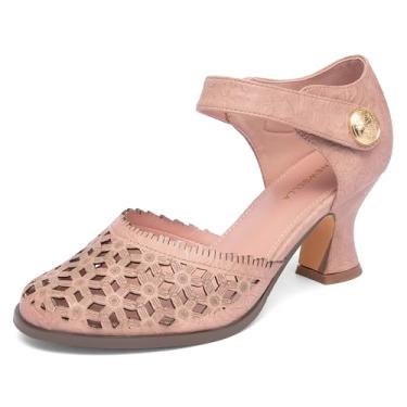 Imagem de NEWBELLA Sapatos vintage com tira ajustável no tornozelo e design Cutou em relevo, salto rodado, confortável, salto feminino para uso casual e elegante, rosa, 38