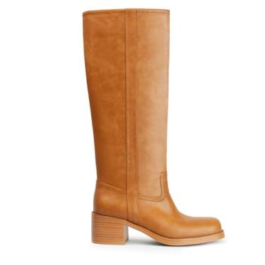 Imagem de Gothictor Botas femininas de cano alto banana bico quadrado salto grosso confortável salto baixo puxar na panturrilha larga botas longas para mulheres, Marrom, 7 UK