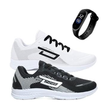 Imagem de Kit Tênis Esportivo Leve Confortável Academia Caminhada Corrida + Relógio Digital (PTO-BCO, BR, Adulto, Numérico, 39)