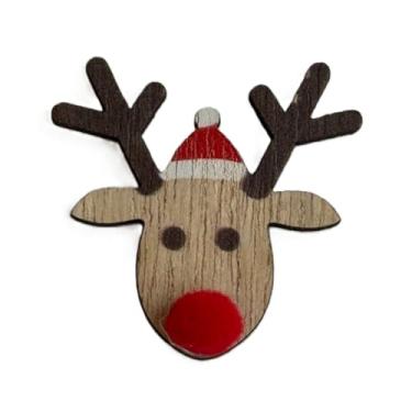 Imagem de Broche de lapela de Natal de rena de madeira, design de chapéu de Papai Noel, broche feito à mão para roupas festivas de inverno, vermelho e marrom