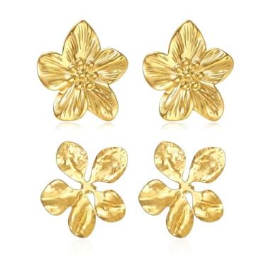 Imagem de 2 pares de brincos femininos banhados a ouro 14 K, brincos florais de aço inoxidável, exclusivo e grande, brincos de concha de praia, hipoalergênicos, anéis de orelha grossos, Aço inoxidável, Sem