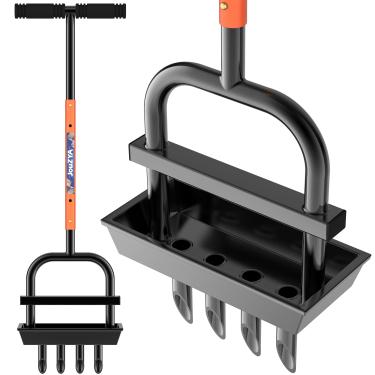 Imagem de JouZYA Ferramenta de descaroçamento de aerador de gramado com bandeja de coleta de núcleo de solo, 4 dentes ferramenta de jardinagem aerador de grama de ar manual para cuidar do gramado pátio, laranja