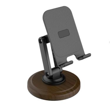 Imagem de Junyeseri Suporte de telefone giratório de 360° com design de padrão de madeira - Suporte de mesa ajustável e dobrável para iPhone e Smartphones (preto)