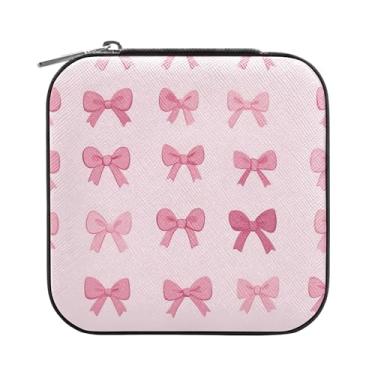 Imagem de SEHANY Caixa de joias personalizada com laço rosa para mulheres, meninas, mini estojo de joias de couro PU, organizador de joias de viagem, caixa de joias para brincos, anéis, colares, presentes para