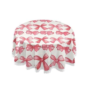 Imagem de SEHANY Toalha de mesa redonda com laço rosa de 152 cm, tecido lavável sem rugas, toalha de mesa decorativa de renda para restaurante, casamento, acampamento, festa de cinco de maio