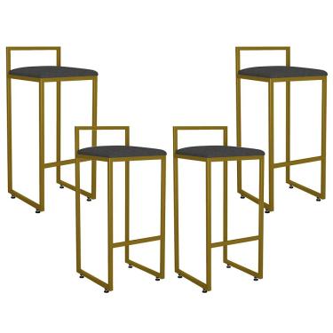 Imagem de Kit 04 Banquetas Altas Para Cozinha Sala De Jantar Hanna L02 Dourado Linho Chumbo - Lyam Decor
