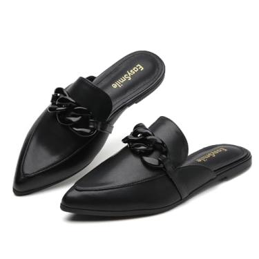 Imagem de EasySmile Mules planas para decoração de corrente de metal para mulheres, bico fino, fechado, mocassins sem cadarço, sem costas nuas, sapatos mules, Corrente fosca preta, 39