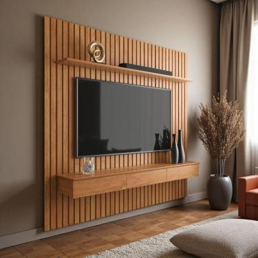 Imagem de Painel Ripado Para Tv Até 75 Polegadas Home Antares Suspenso Com Nicho 3 Gavetas E Prateleira Cinamomo