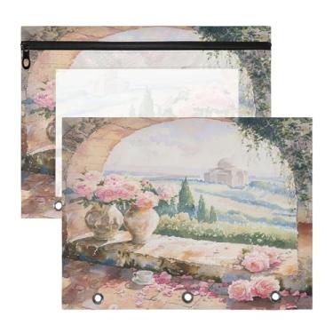 Imagem de SEHANY Pasta de lápis de flores de jardim com 3 anéis - bolsa de documentos com zíper tamanho A4 com janela transparente para sala de aula, escritório, 2 peças