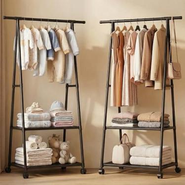 Imagem de Arara Organizadora Cabideiro de Roupas de Chão com Rodinhas – Cabideiro Multiuso com 2 Prateleiras e Sapateira. Arara de Roupas Móvel para Quarto, Lavanderia e Quarto de Bebê (PRETO)