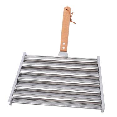 Imagem de SPYMINNPOO Rolo de Cachorro-quente, Grelha de Salsicha de Aço Inoxidável Com 6 Rolos Com Alça de Madeira para Cozinhar Uniformemente, Ferramenta Portátil para Churrasco para Acampamento, Piquenique,