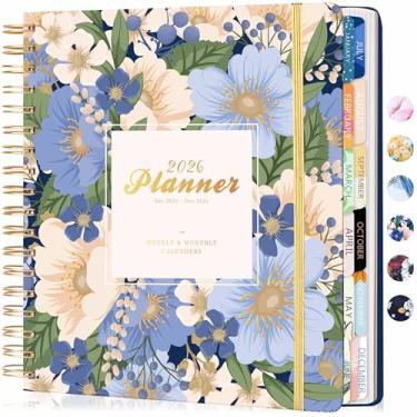 Imagem de CAGIE Agenda 2026 semanal e mensal de capa dura de 13 meses para mulheres com bolsos, calendário grande de flores azuis com abas de adesivos, dezembro de 2025 a dezembro de 2026, 21 x 23,6 cm