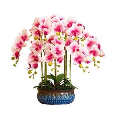 Imagem de Flor artificial em vaso orquídea rosa flores artificiais com vaso PU Phalaenopsis flor falsa em vaso para sala de estar decoração de arranjos de casa