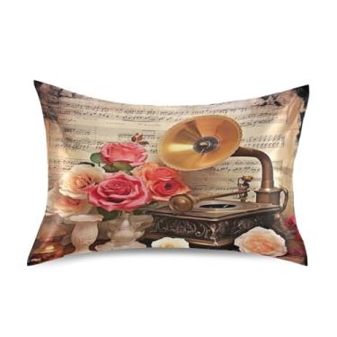 Imagem de Wassud Fronha vintage de gramofone e rosas de cetim e seda para cuidados com o cabelo amigo da pele Queen Size capa de travesseiro respirável com fecho de envelope resistente a rugas