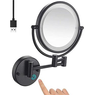 Imagem de Espelho de parede para banheiro, espelho de banheiro de 20 cm montado na parede preto, espelho de maquiagem recarregável USB frente e verso 1x/ ampliação de luz LED ajustável espelho de barbear com