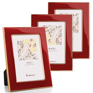 Imagem de Fun Memories Porta-retrato 10 x 15 cm – 3 peças de moldura de vidro esmaltado vermelho com borda de metal dourado e cavalete para exibição em bancadas, mesas, estantes, mesas e paredes (vermelho