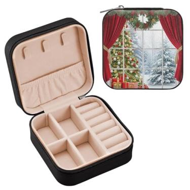Imagem de Wassud Caixa de joias de viagem com árvores de Natal na neve para mulheres, meninas, senhoras, noiva, mini organizador de joias de couro PU, caixa quadrada de armazenamento de joias para brincos
