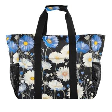 Imagem de Wassud Margaridas brancas e azuis reutilizáveis sacolas de compras grande bolsa organizadora de lona impermeável para praia, piquenique, lavanderia, viagem