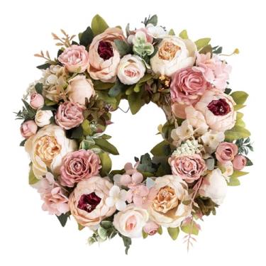 Imagem de Yosoo Grinalda de Peônia da Porta da Frente, Peônia de Seda Altamente Realista Decoração Vintage Flores Realistas Fácil Suspensão Versátil 15.7x15.7in (champanhe)