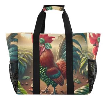 Imagem de ODAWA Bolsa de praia de lona lavável para férias e natação, bolsa de praia à prova d'água para piscina, Galo de café, One Size