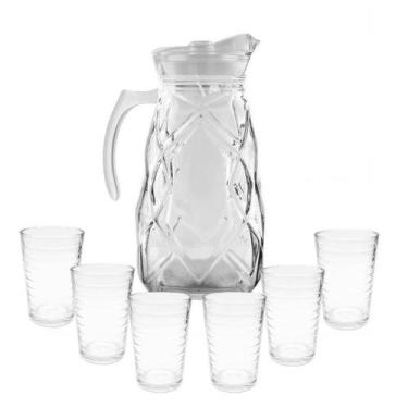 Imagem de Jarra De Vidro Grossa Resistente Ocean Com 6 Copos Verão Água Suco 180