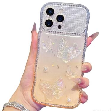 Imagem de IDYStar Capa para iPhone 16 Pro Max, lindo design de borboleta epóxi 3D com moldura de onda de diamante brilhante, antiamarela, à prova de choque, capa protetora para iPhone 16 Pro Max de 6,9