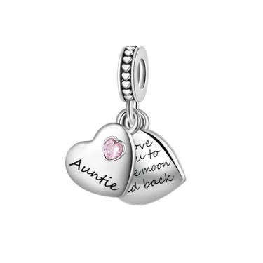 Imagem de Pingente rosa CZ Auntie Double Heart Split Charm Fits Pandora Charms Braceletes I Love You to the Moon and Back Christmas Birthday Jewelry Gift for Women Niece Family