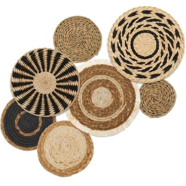 Imagem de 7 cestos de parede redondos boêmios vime decoração de parede para quarto, sala de estar (estilo B)