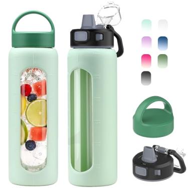 Imagem de Kodrine Garrafa de água de vidro de 680 g com canudo - 2 tampas - Garrafa de vidro de ingestão diária reutilizável de água com medidas, manga de silicone, marcador de tempo, compatível com porta-copos