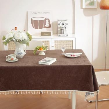 Imagem de Wuluwala Toalha de mesa rústica para mesas de jantar, toalha de mesa simples de cor sólida com borlas, tecido de chenille macio, lavável, capa de mesa para cozinha, uso interno e externo, marrom 140 x