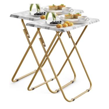 Imagem de Japard Bandeja de TV dobrável, mesa portátil, sem necessidade de montagem, bandeja de jantar de TV para comer, mesas de lanche dobráveis para sofá, cama, mármore, 2 unidades