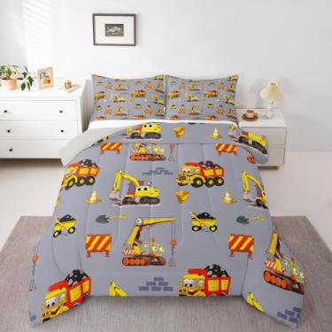Imagem de jejeloiu Conjunto de edredom para todas as estações, com 1 fronha, veículos de construção, microfibra, solteiro, decoração de quarto, edredom respirável, macio e leve