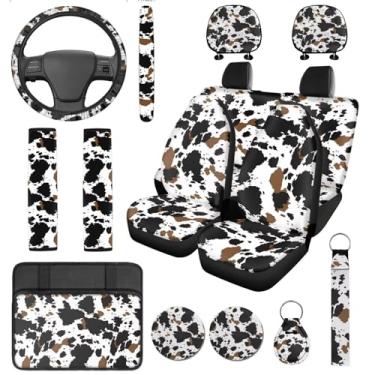 Imagem de DBBXHZJY Capas de assento de vaca para carros conjunto completo capa de volante ocidental para mulheres capa de cinto de segurança rústica apoio de braço suporte de copo com chaveiro adequado para