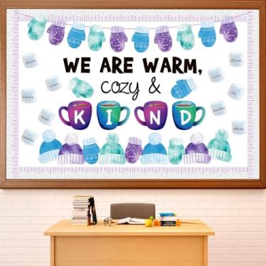 Imagem de Funrous Conjunto de decorações de quadro de avisos de inverno, quadro de avisos de Natal, positivo, decoração de sala de aula de inverno, caneca de cacau, luvas de marshmallow, recortes de papel