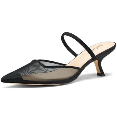 Imagem de ReneChristine Salto gatinho feminino fechado bico fino slingback com tira elástica 6 cm salto alto stiletto slip on sandálias mules trabalho festa vestido sapatos, Malha preta, 37