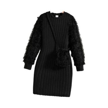 Imagem de Vestido De Manga Longa De Pelúcia Para Meninas, Listrado Sólido, Decot