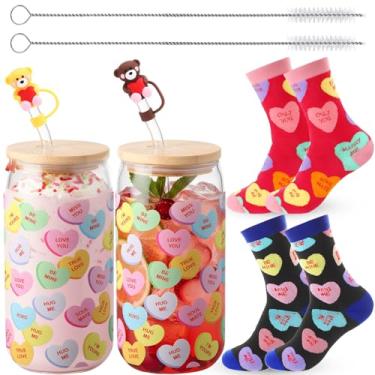 Imagem de Sliner 2 conjuntos de presentes de dia dos namorados 473 ml copos de vidro coração galentinos com meias de lã coral, copos de dia dos namorados com tampa canudo e topo de palha de coração para