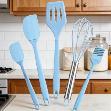Imagem de Conjunto de espátula de silicone de 5 peças, ferramenta de cozinha não pegajosa, conjunto de utensílios de cozinha, raspadores antiaderentes, para fritar, mexer e servir, azul celeste