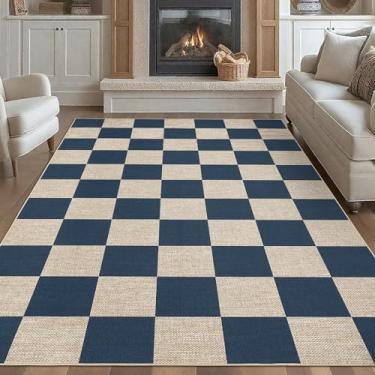 Imagem de GarveeHome Tapetes de juta xadrez fáceis de 22 x 30 cm para quarto, laváveis à máquina, tapetes grandes, antiderrapantes, modernos, neutros, resistentes a manchas, para fazenda, pátio, sala de jantar